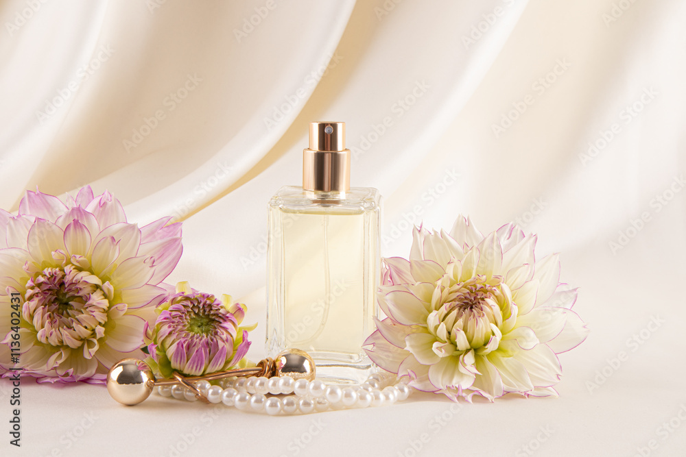 A crystal bottle of cosmetic spray or perfume among the flowers of a delicate dahlia and the soft folds of a beige satin. A blank bottle mockup A crystal bottle of cosmetic spray or perfume among the flowers of a delicate dahlia and the soft folds of a beige satin. A blank bottle mockup
