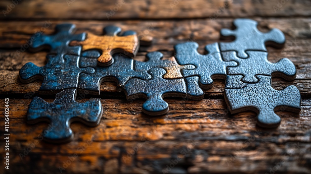 Blue Puzzle Pieces On Rustic Wooden Surface Blue Puzzle Pieces On Rustic Wooden Surface