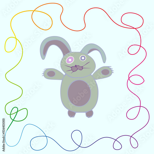 A cheerful rabbit, a fairy-tale character in a frame, vector illustration on a white background