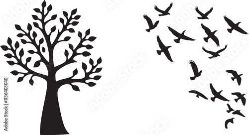 Tree with birds flying away silhouette
