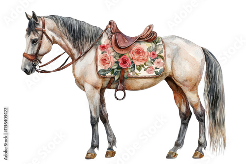 A beautifully detailed watercolor illustration of a horse adorned with a floral saddle, showcasing elegance and grace in a whimsical style.
