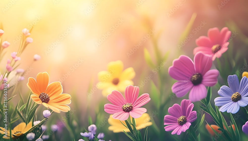 Vibrant Cosmos Flowers Bloom In Sunny Meadow Vibrant Cosmos Flowers Bloom In Sunny Meadow