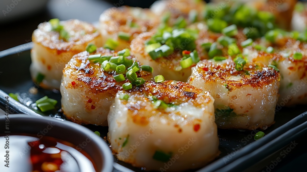 A close-up of a beautifully decorated tray of turnip cakes, a savory dim sum item often enjoyed during Chinese New Year, with chopped green onions and chili sauce on the side A close-up of a beautifully decorated tray of turnip cakes, a savory dim sum item often enjoyed during Chinese New Year, with chopped green onions and chili sauce on the side