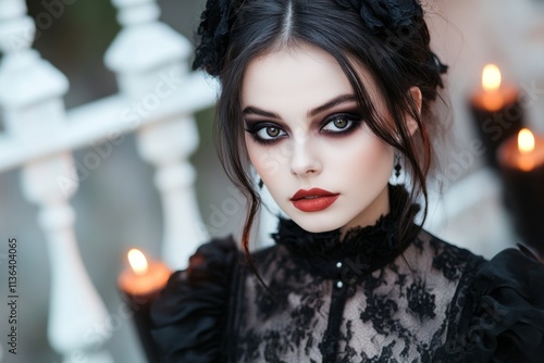 A mysterious editorial featuring a model in Victorian-inspired gothic attire, surrounded by flickering candles and dark decor photo