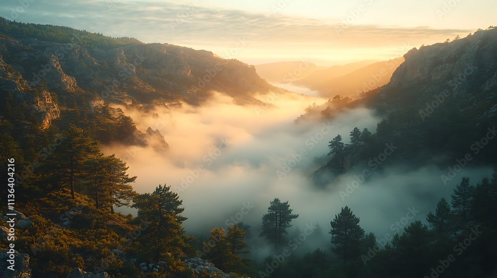 Golden Sunrise Over Foggy Mountain Valley Trees Golden Sunrise Over Foggy Mountain Valley Trees
