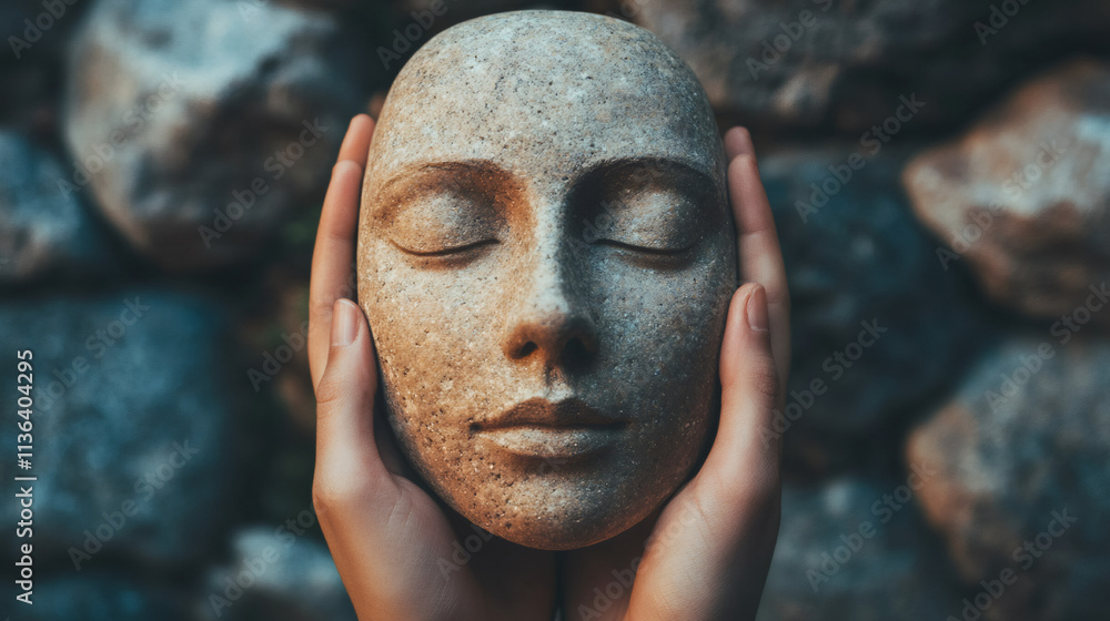 Gentle hands cradling a serene stone mask with closed eyes, invoking feelings of calm and mindfulness amidst rocky surroundings Gentle hands cradling a serene stone mask with closed eyes, invoking feelings of calm and mindfulness amidst rocky surroundings