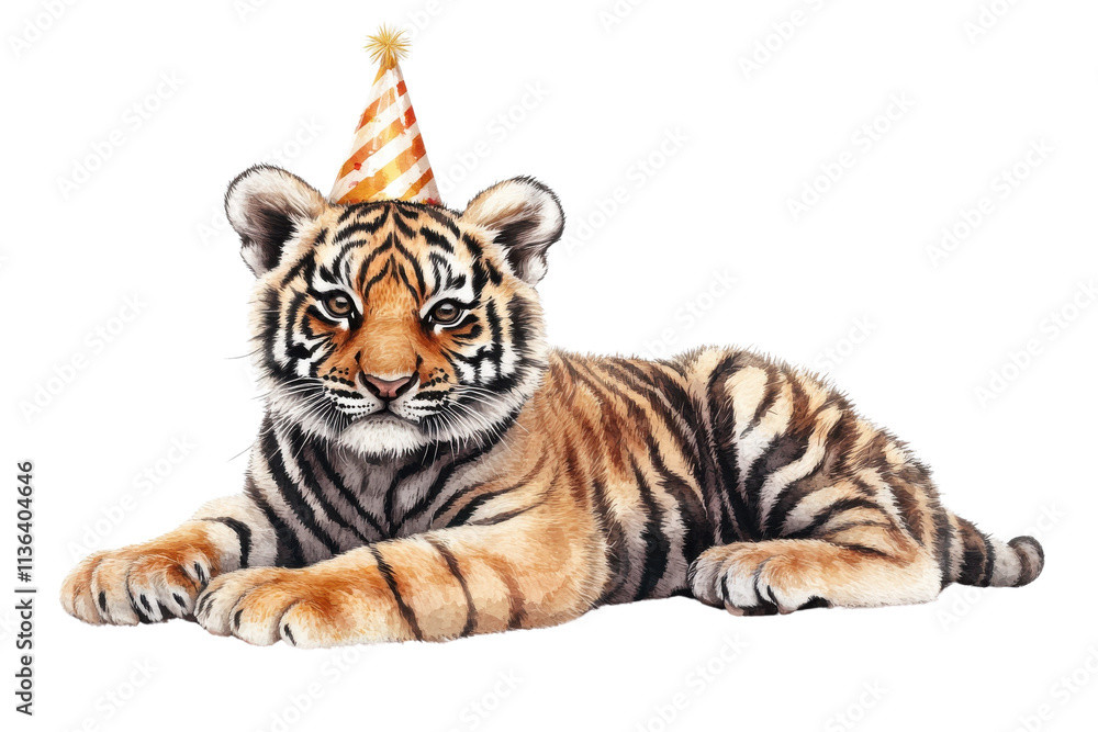 Obraz premium A cheerful tiger wearing a festive party hat, relaxing and looking playful, perfect for celebration themes or children's parties.