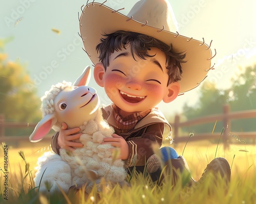 A water color painting of cowboy boy bonding with sheep on a lush green pasture.