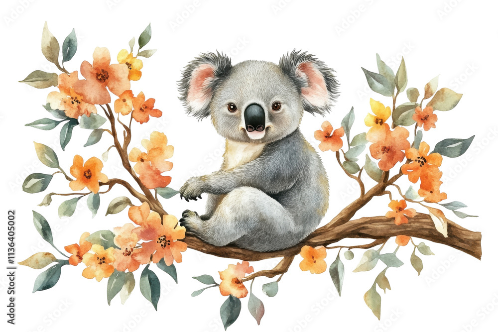 Obraz premium A cute koala sitting on a branch surrounded by vibrant flowers. Perfect for nature-related designs, wildlife themes, or children's illustrations.