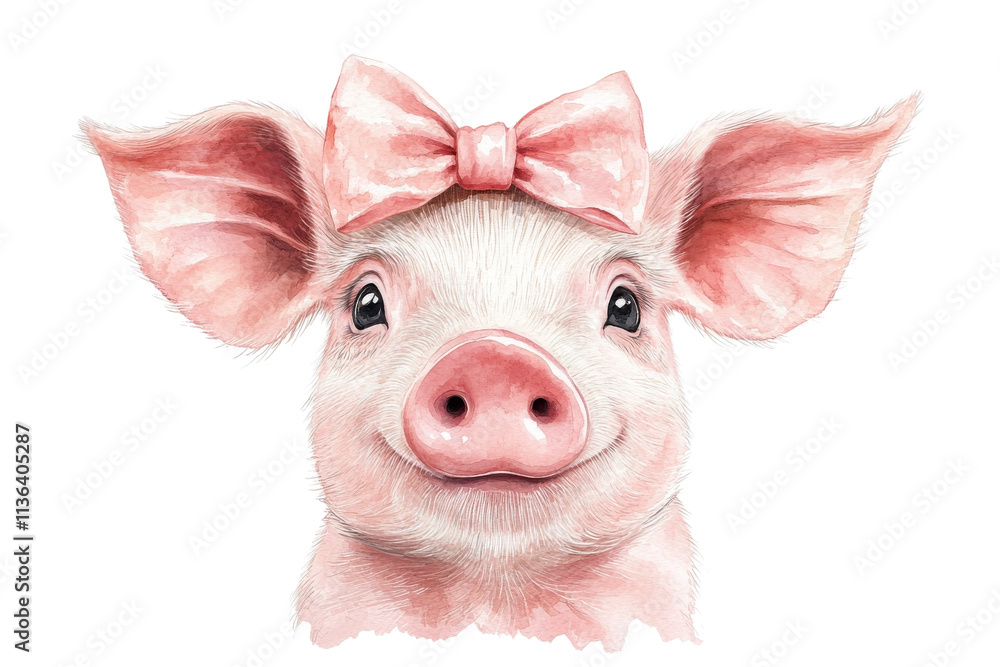 A cute piglet with a pink bow, displaying a cheerful expression against a white isolated background. A cute piglet with a pink bow, displaying a cheerful expression against a white isolated background.