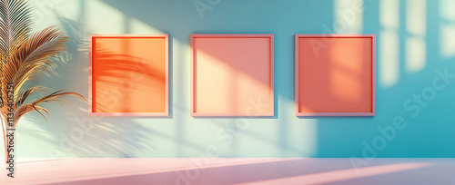 three empty picture frames on the wall in pastel colors photo