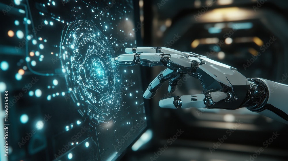 robotic ai arm touching screen interacting with the screen robotic ai arm touching screen interacting with the screen