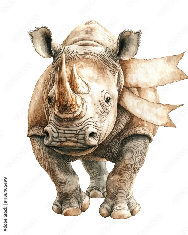 Fototapeta premium A detailed illustration of a rhinoceros, showcasing its unique features and rugged texture, set against a white isolated background.