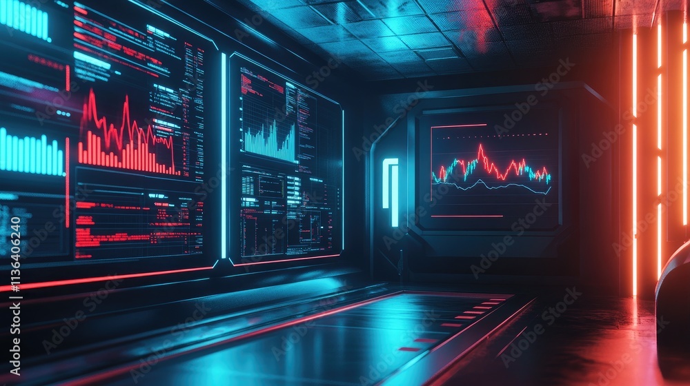 Futuristic Data Analysis Room with Neon Lights and Graph Displays Futuristic Data Analysis Room with Neon Lights and Graph Displays