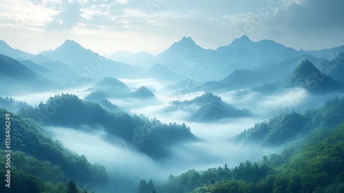 Misty Mountains Enveloped In Morning Haze A Serene Landscape