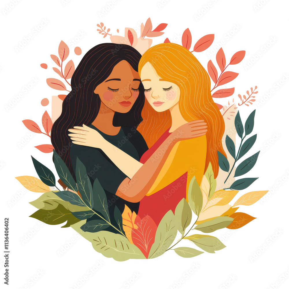 Beautiful three women, standing close together and embracing with leaves surrounding vector illustration for Women's Day poster design on transparent background Beautiful three women, standing close together and embracing with leaves surrounding vector illustration for Women's Day poster design on transparent background