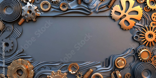 decorative frame made of metallic gears, nuts, and bolts, showcasing blend of gold and bronze tones. Perfect for industrial themed designs