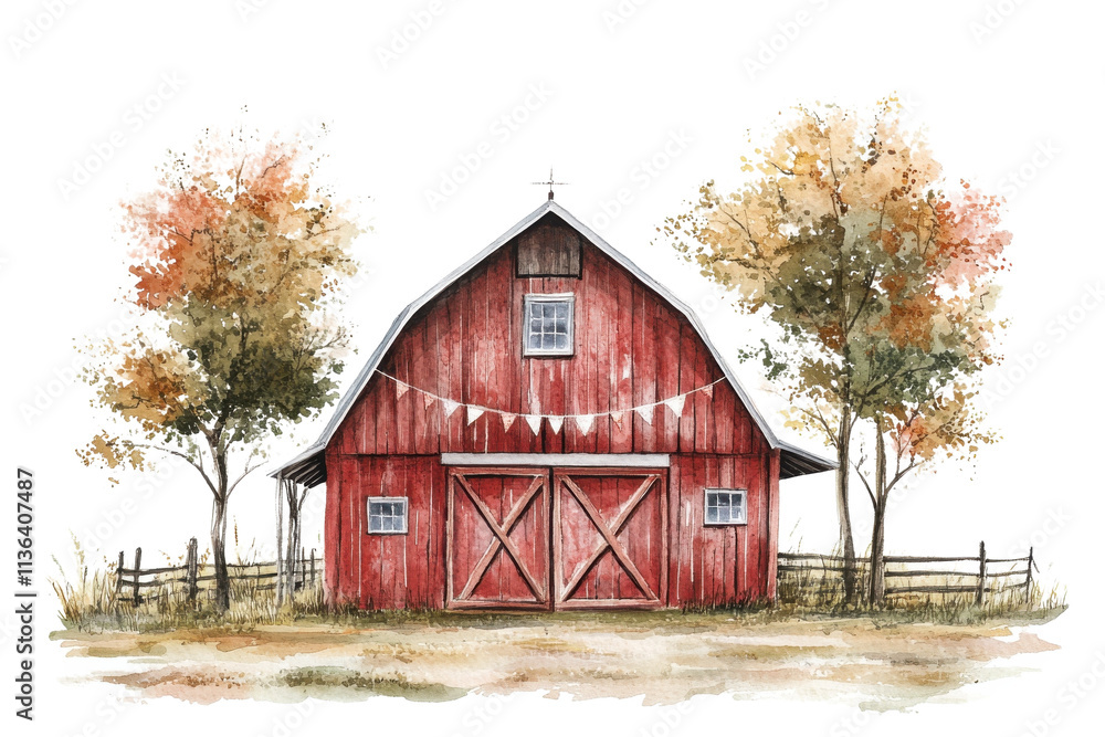 Charming rustic red barn surrounded by autumn trees, perfect for country scenes or agricultural themes, isolated on white background. Charming rustic red barn surrounded by autumn trees, perfect for country scenes or agricultural themes, isolated on white background.