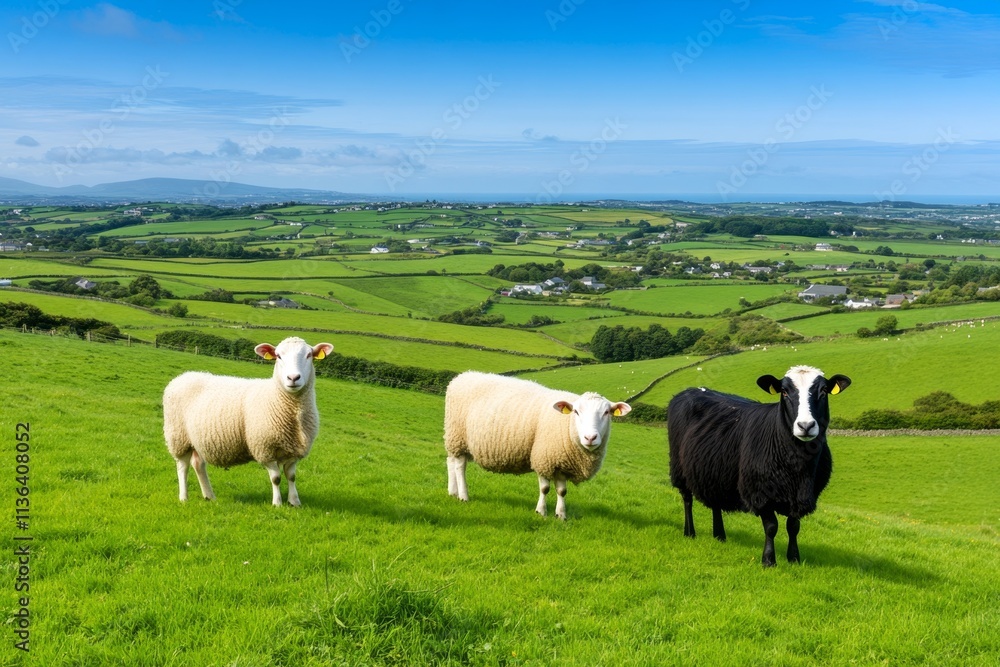 A scenic image of cattle and ewes grazing on a hillside with a clear view of a village and fields in the distance A scenic image of cattle and ewes grazing on a hillside with a clear view of a village and fields in the distance