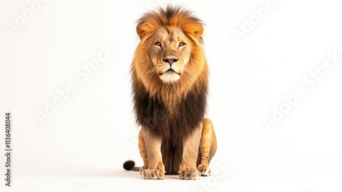 Majestic Lion Sitting Confidently with Vibrant Mane and Intense Gaze photo