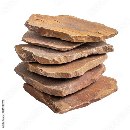 Stack of flat rough stones isolated on white or transparent background