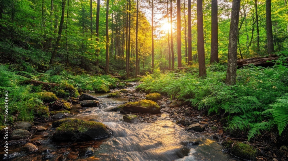 Obraz premium Forest stream flows, sun sets through trees.