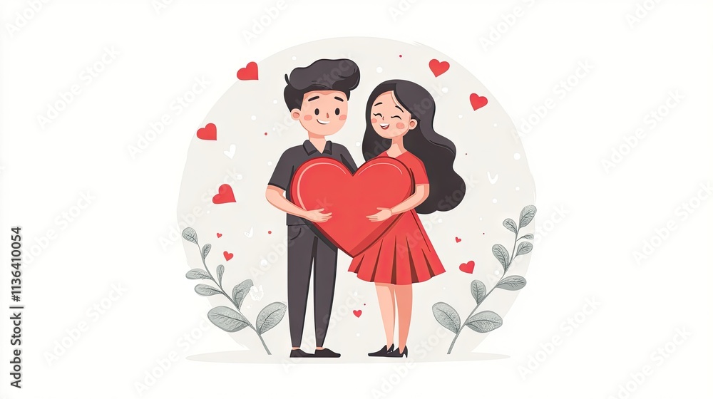 Happy Couple Holding Giant Heart in Romantic Flagship Illustration Happy Couple Holding Giant Heart in Romantic Flagship Illustration