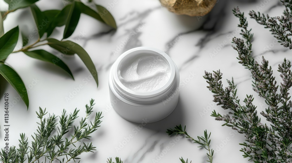 A white cream jar surrounded by greenery on a marble surface, suggesting skincare use. A white cream jar surrounded by greenery on a marble surface, suggesting skincare use.