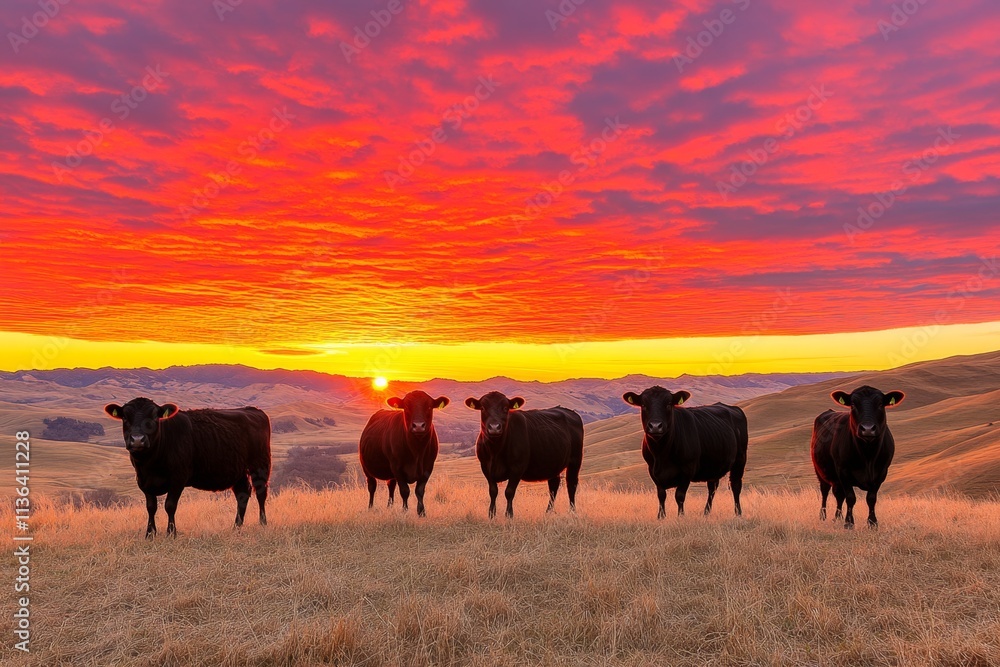 A vibrant sunrise illuminating a hillside where a mixed group of cattle and ewes are grazing peacefully A vibrant sunrise illuminating a hillside where a mixed group of cattle and ewes are grazing peacefully