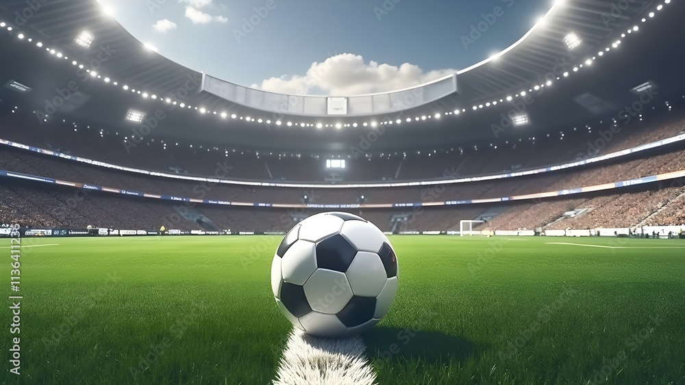 Fototapeta premium A soccer ball rests on the pristine green field, ready for the roar of the crowd.