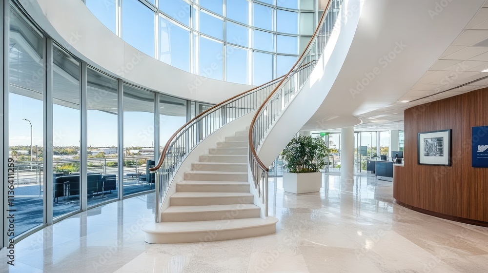 Elegant Modern Staircase in Bright Open Lobby with Natural Light Elegant Modern Staircase in Bright Open Lobby with Natural Light