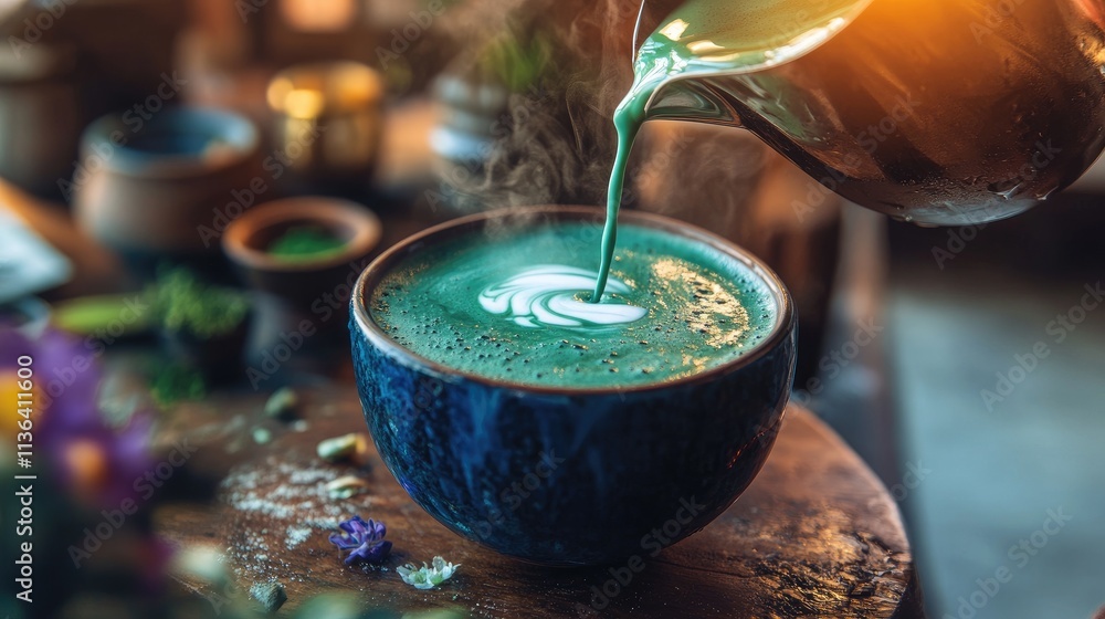 Matcha latte being poured into a bowl. Matcha latte being poured into a bowl.
