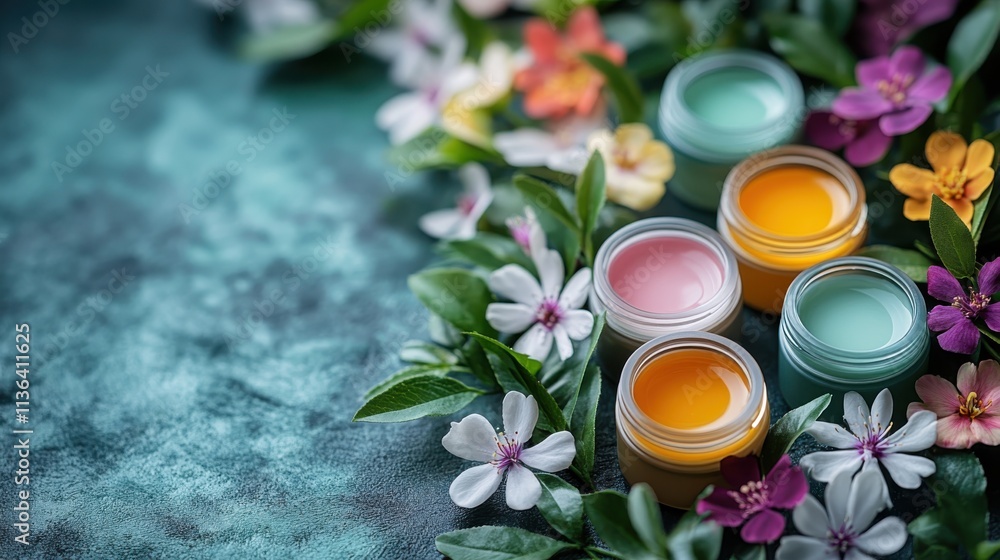 Colorful jars surrounded by flowers on a textured background. Colorful jars surrounded by flowers on a textured background.