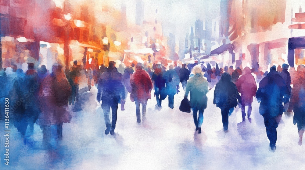 Crowd of people walking down the street, watercolor Crowd of people walking down the street, watercolor