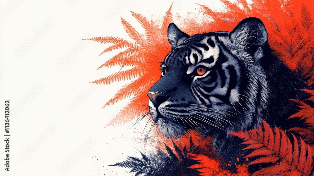 Obraz premium Striking Illustration of a Majestic Tiger Amidst Vibrant Red Ferns and Abstract Artistic Background, Perfect for Wildlife and Nature-Themed Projects and Designs