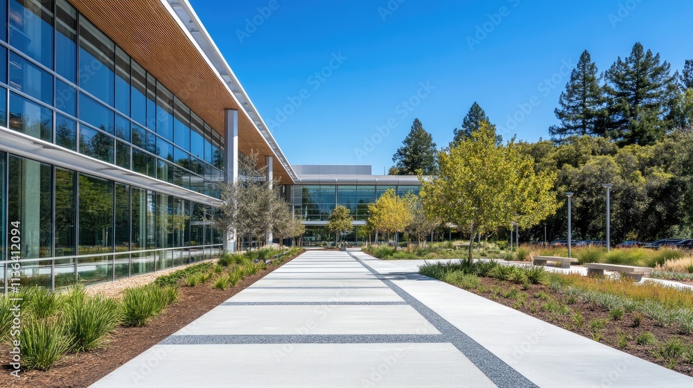 Modern Office Building with Lush Landscape and Clear Blue Sky Modern Office Building with Lush Landscape and Clear Blue Sky