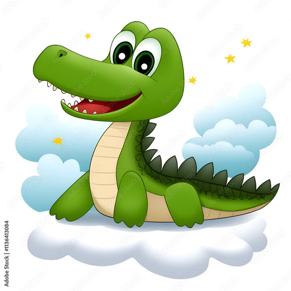 Fototapeta premium A cute cartoon crocodile character smiling on a cloud with stars and a whimsical background.