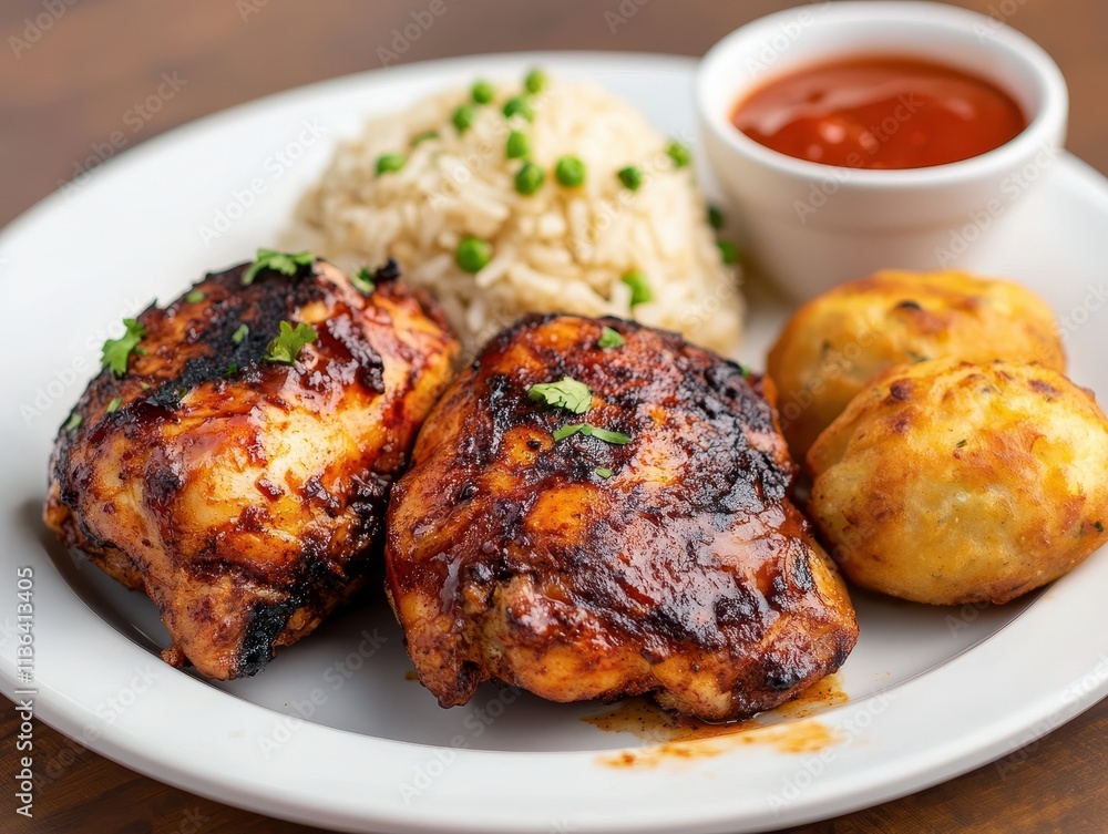 Grilled chicken with rice and sauce, served alongside potato balls. Grilled chicken with rice and sauce, served alongside potato balls.