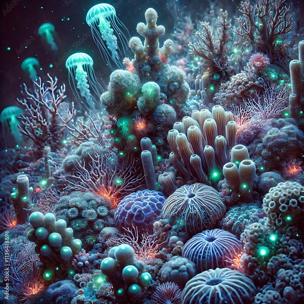 Obraz premium Underwater scene with bioluminescent coral and diverse marine life at great depth