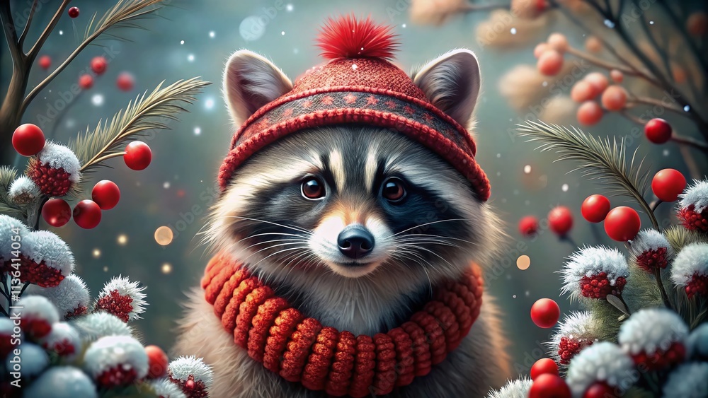 Adorable Raccoon in Festive Red Hat and Scarf Surrounded by Winter Foliage, Berries, and Snowflakes Creating a Heartwarming Holiday Scene Adorable Raccoon in Festive Red Hat and Scarf Surrounded by Winter Foliage, Berries, and Snowflakes Creating a Heartwarming Holiday Scene