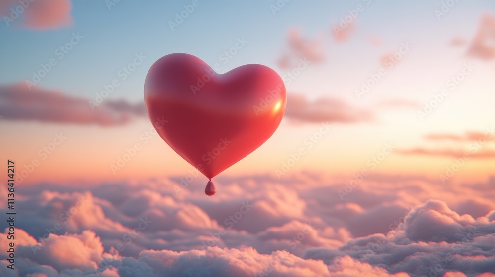 Fototapeta premium Heart Balloon Floating Above Colorful Clouds at Sunset