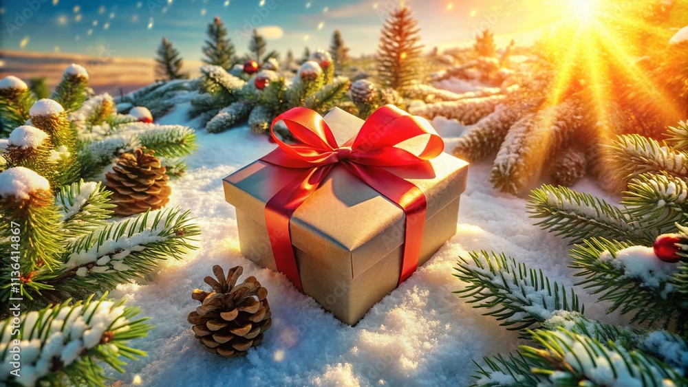 Aerial Christmas Gift Drone Photo: Festive Pine Cone Decorated Box Aerial Christmas Gift Drone Photo: Festive Pine Cone Decorated Box