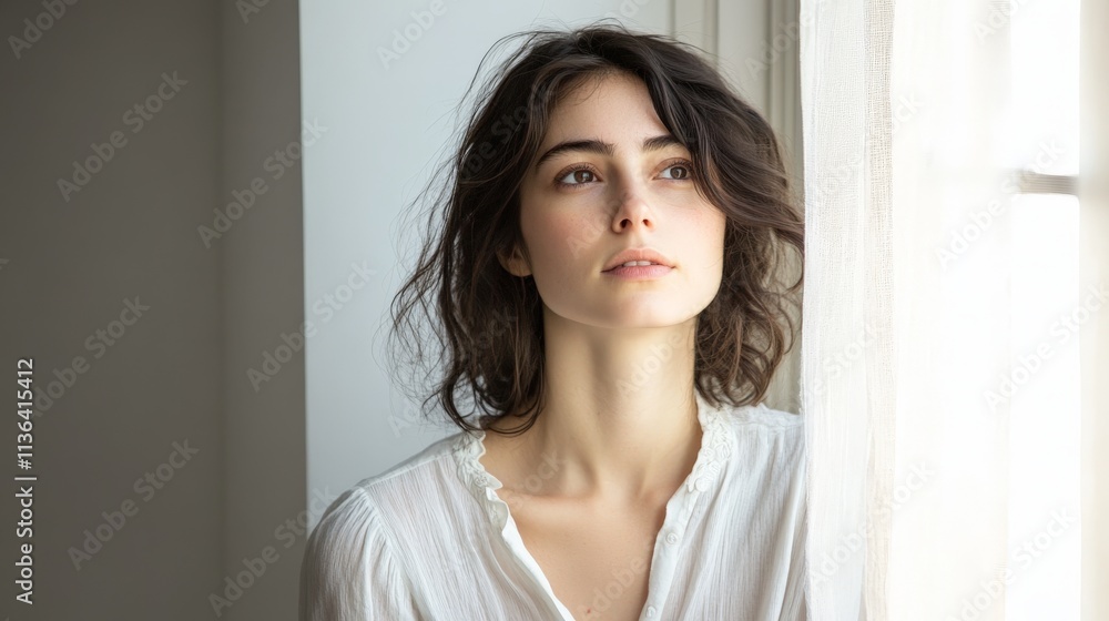 Pensive young caucasian female looking out window Pensive young caucasian female looking out window