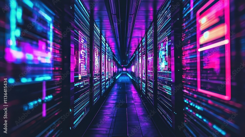 A dark, narrow tunnel with sleek metallic walls that shimmer under the glow of vibrant neon lights. The passage is alive with flickering holograms and high-tech displays embedded in the walls, A dark, narrow tunnel with sleek metallic walls that shimmer under the glow of vibrant neon lights. The passage is alive with flickering holograms and high-tech displays embedded in the walls,