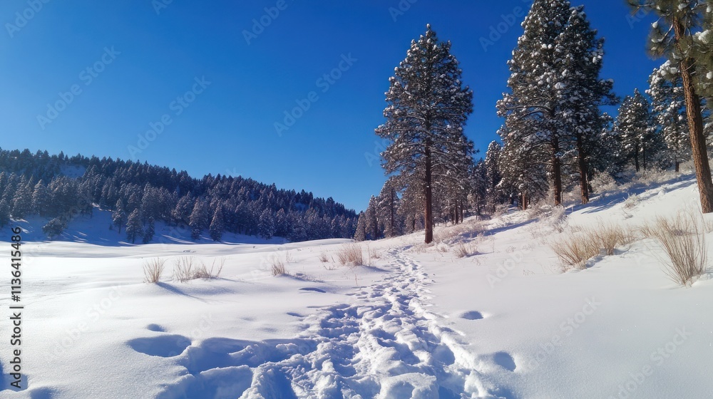 Snowy path leads into forest on bright sunny day. Snowy path leads into forest on bright sunny day.