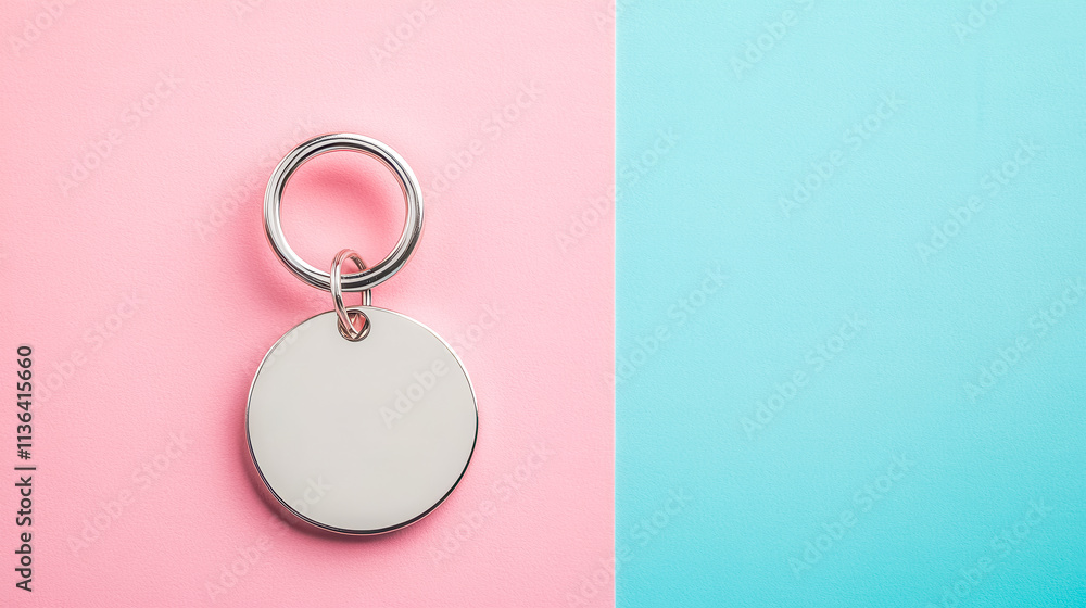 Round metal keychain resting on pink and blue background Round metal keychain resting on pink and blue background