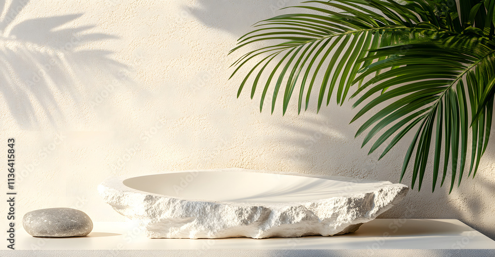 Fototapeta premium Stone Bowl, Palm Leaf Shadow, Minimalist