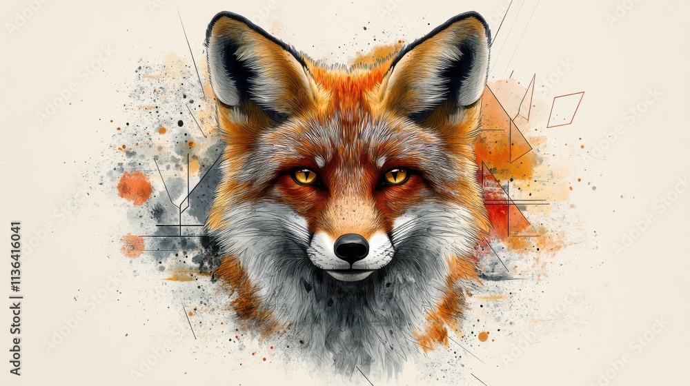 Obraz premium Red fox portrait with geometric abstract background.