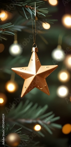 A golden star-shaped ornament hanging on a Christmas tree with green needles, surrounded by blurred multicolored lights in the background, capturing the warmth of the holiday season. photo