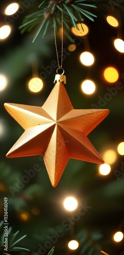 A golden star-shaped ornament hanging on a Christmas tree with green needles, surrounded by blurred multicolored lights in the background, capturing the warmth of the holiday season. photo